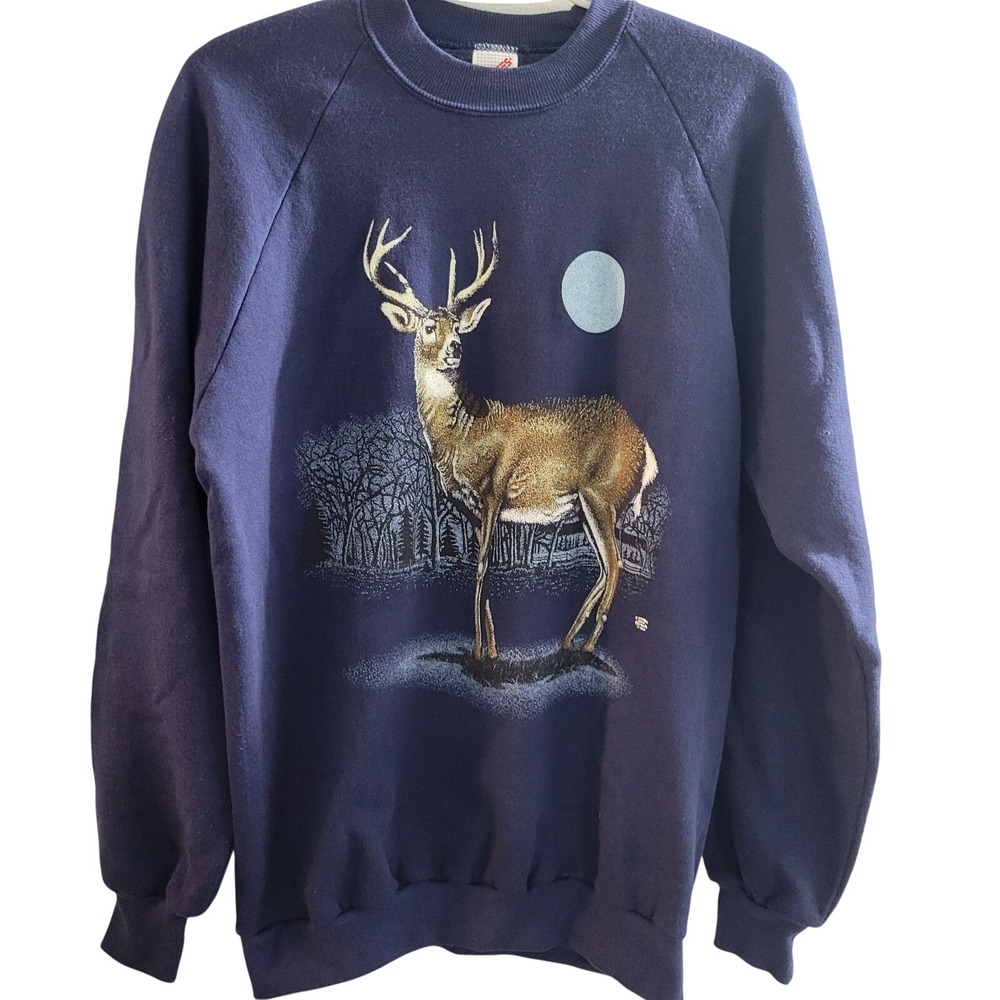 Vintage Jerzees Deer Buck Stag Blue Moon Sweatshirt Size Large Made In USA